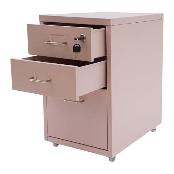3 Drawer File Cabinet Rolling Locking Files Cabinets with Wheels Vertical Mobile Metal Filing Cabinet Under Desk File Storage Organizer for Home Office (Pink)