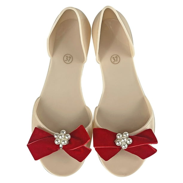 Bmisegm Ladies Summer Pearl Bow Jelly Beach Large Size Flat Transparent Sandals Single Shoes Sandals Women Summer Beige 7
