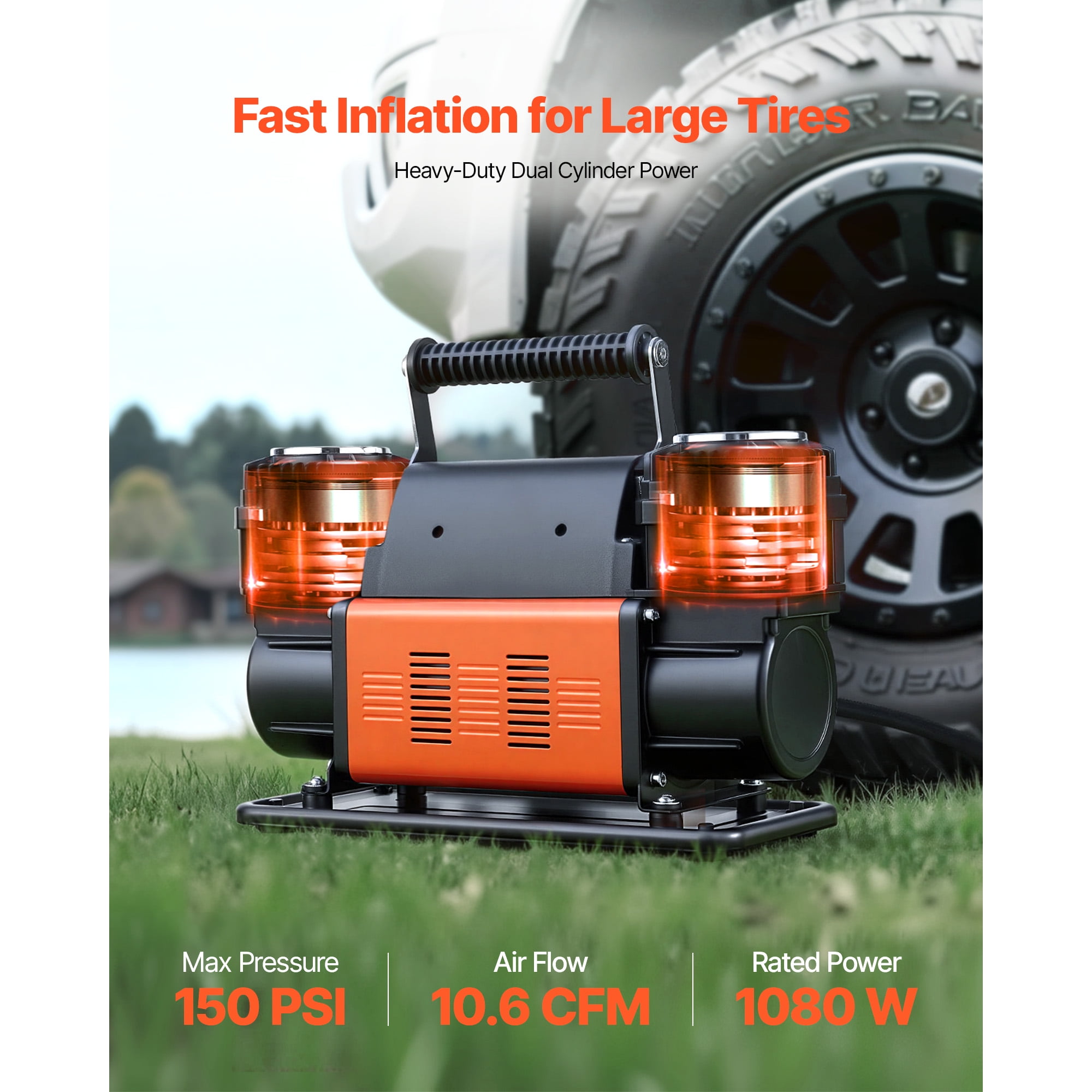 KFFKFF Dual-Cylinder Portable Air Compressor, 10.6CFM 12V 150PSI Tire Inflator with Digital Gauge & Adapters for Cars, Trucks, SUVs, RVs, and Off-Road Vehicles