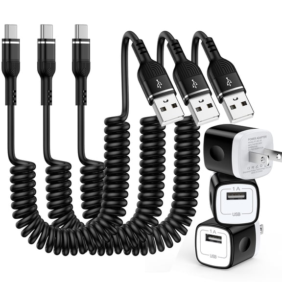 USB C Charger Block, 3 Pack 6ft Coiled USB A to Type C Cable Fast Charging Cable with Wall Charger, Power Delivery Charging Cord USB Brick Cube Power Station Compatible with Samsung Android, Black