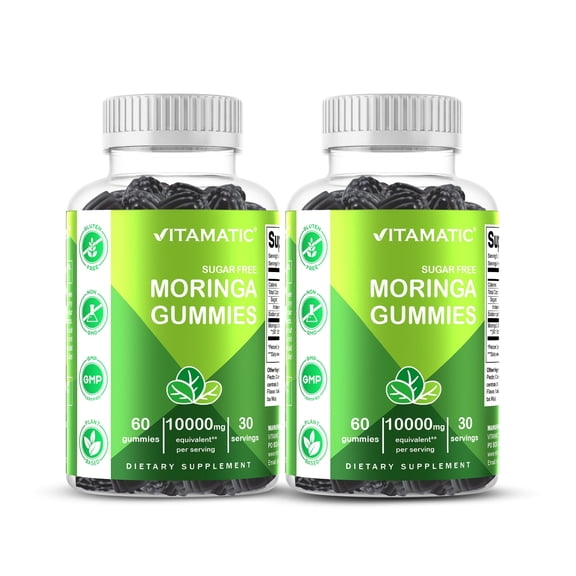 Vitamatic 2 Packs Sugar Free Moringa Gummies - 10000 mg Equivalent per Serving - Complete Green Superfood - 60 Pectin Based Gummies - 2 Pack