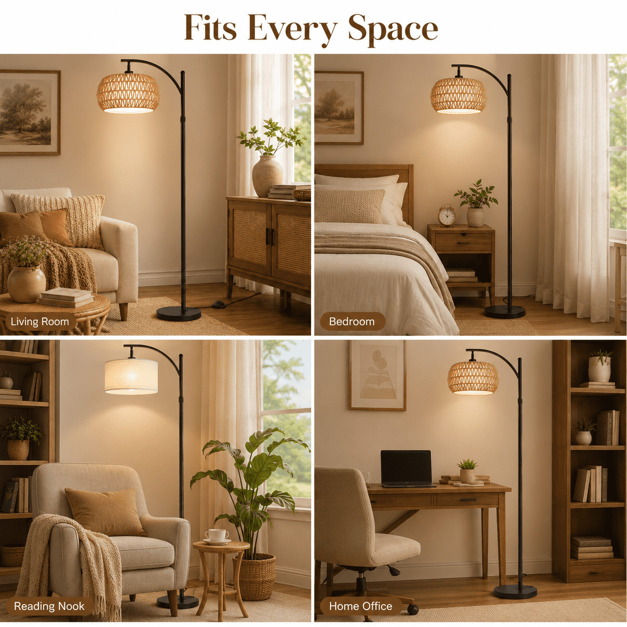 SERBASIC Boho Arc Floor Lamp for Living Room with Remote Control, Stepless Dimmable Rattan floor lamp with Liene Lampshade, Adjustable Standing Tall Lamp for Bedroom