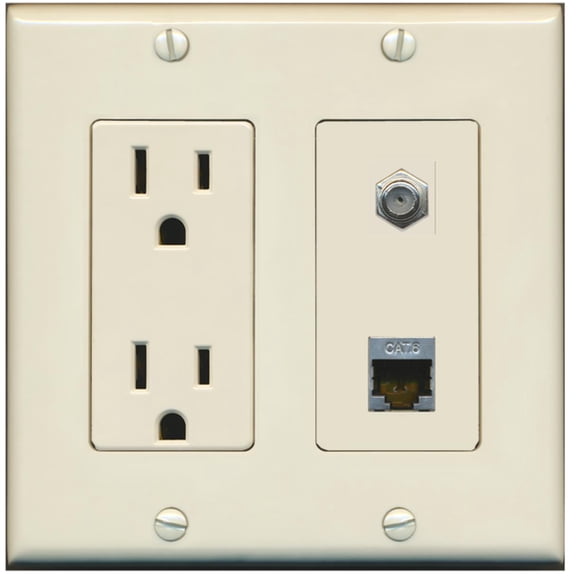 RiteAV - 15 Amp Power Outlet and 1 Port Coax Cable TV- F-Type and 1 Port Shielded Cat6 Ethernet Decorative Type Wall Plate - Light Almond