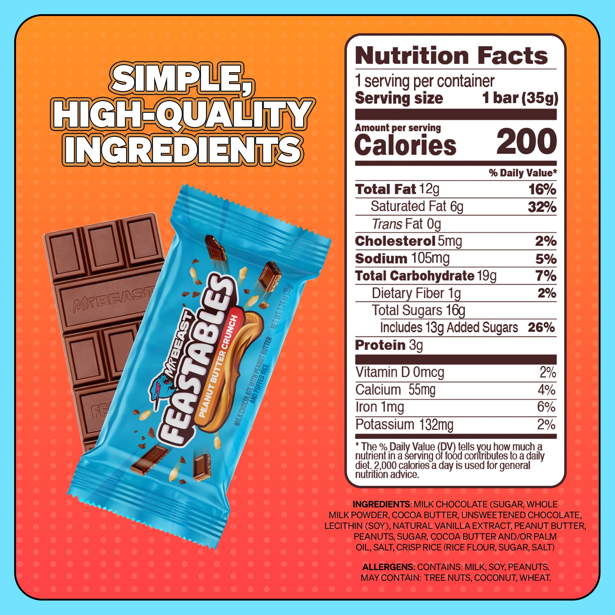 (2 pack) Feastables MrBeast Peanut Butter Chocolate Crunch Bar, 1.24 oz (35g), 1 Count