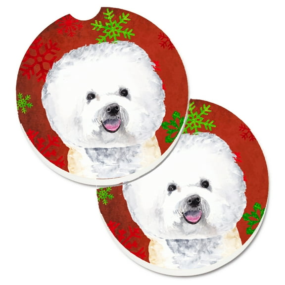 Carolines Treasures SC9402CARC Bichon Frise Red and Green Snowflakes Holiday Christmas Set of 2 Cup Holder Car Coasters