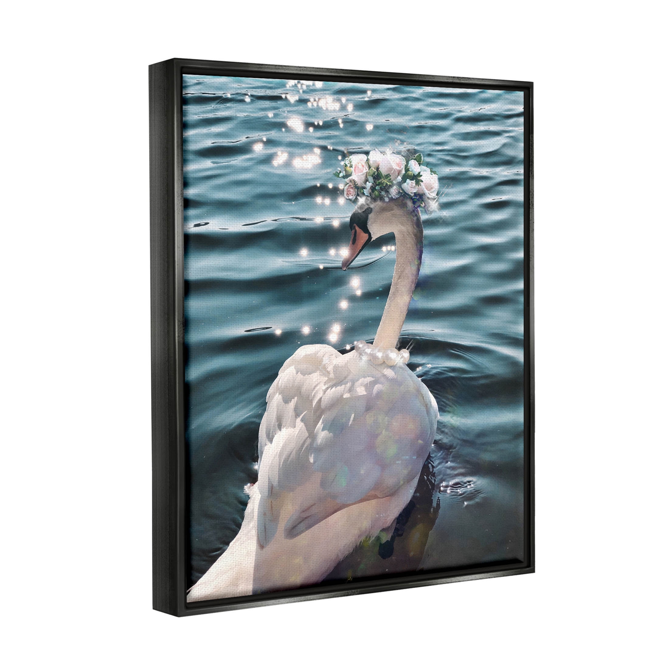 Flower Crown Swan Lake Ripples Animals & Insects Graphic Art Jet Black Framed Art Print Wall Art