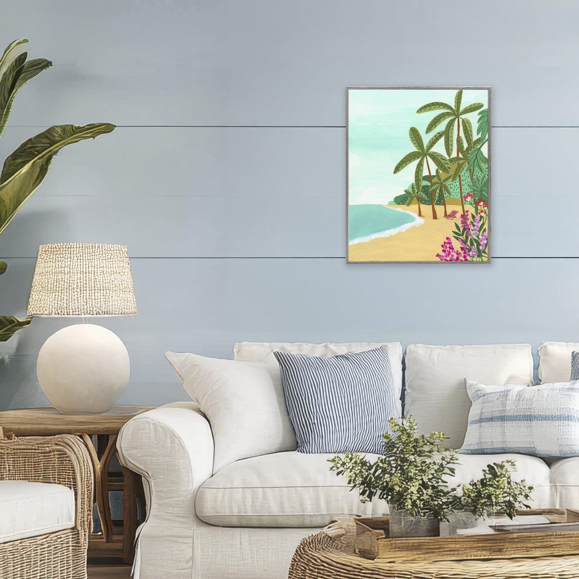 Palm Filled Shoreline Gray Framed Giclee Art, design by Nabeela Rumi