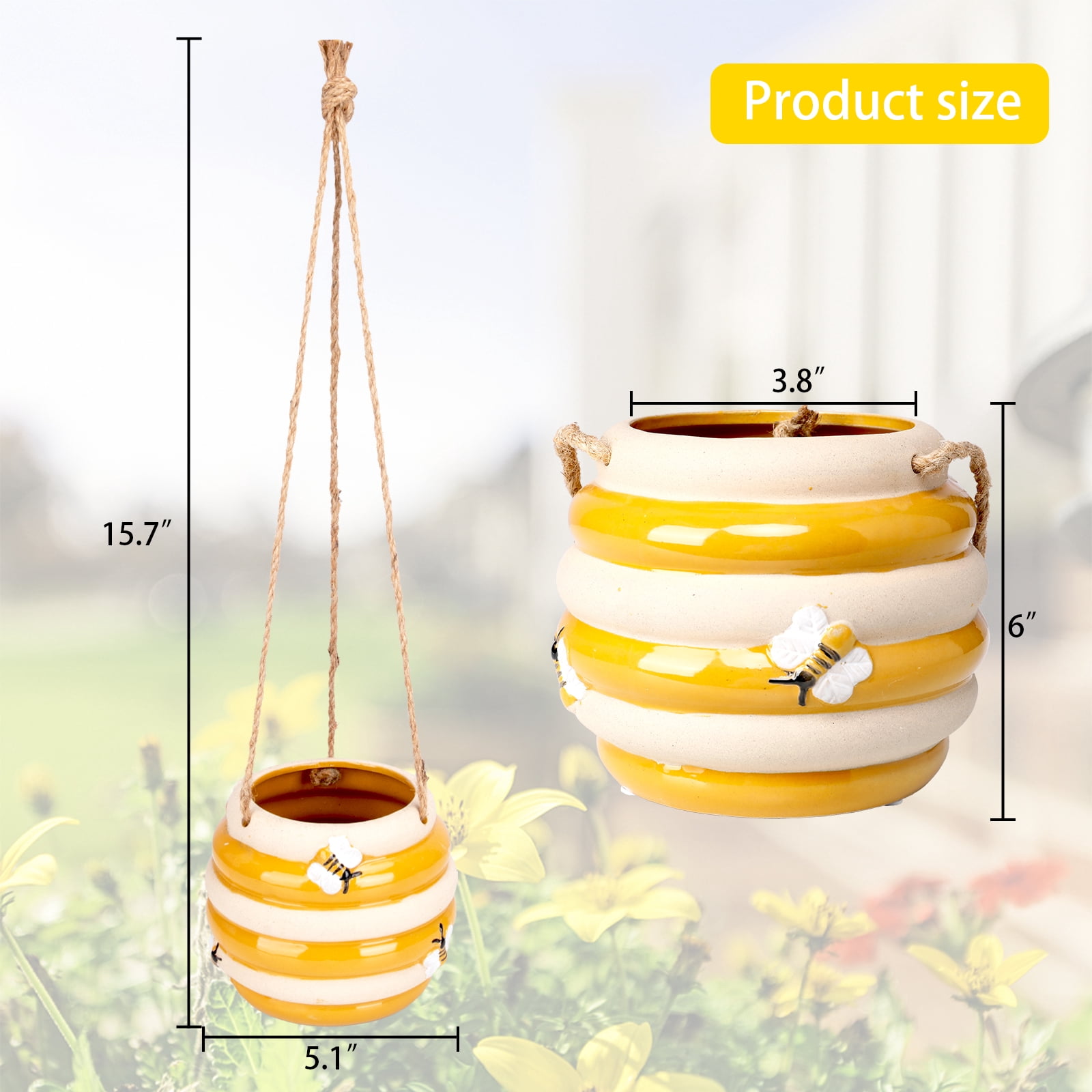 Ceramic Bee Hive Hanging Planter – Yellow & White Striped Flower Pot with Jute Rope Hanger, Bee Decor for Indoor/Outdoor Plants, Succulents & Flowers