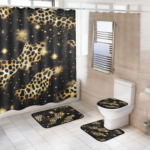 Ryvnso 4 Pcs Golden Leopard Print Bathroom Shower Curtain Set with 12 Hooks Bath Mat Toilet Lid Cover