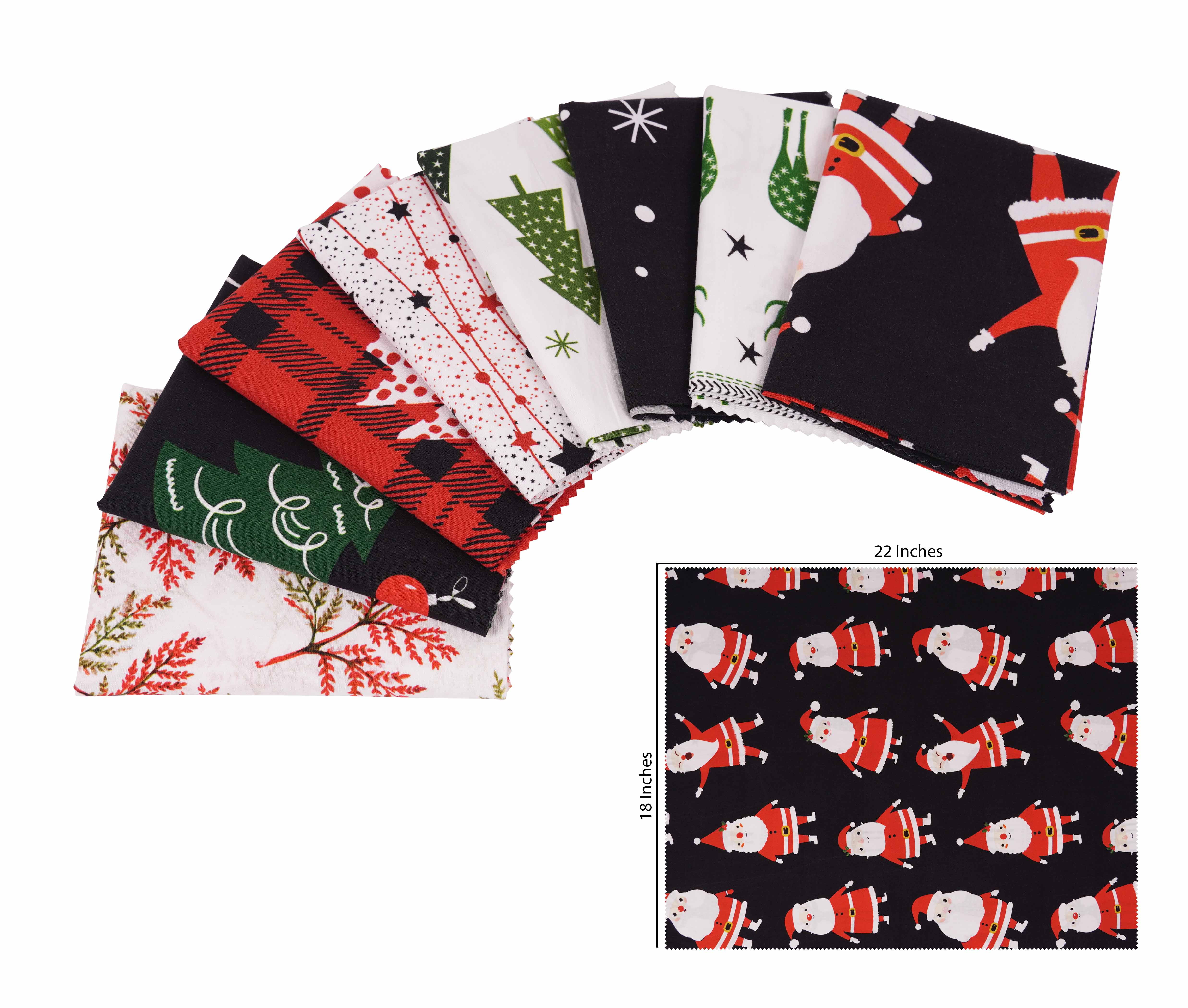 Soimoi 8 Pc Fat Quarter Bundle,ChristmasPrint 18"x 22"DIY Patchwork-100% CottonPre-Cut Quilting Fabric Red, Black, White & Green
