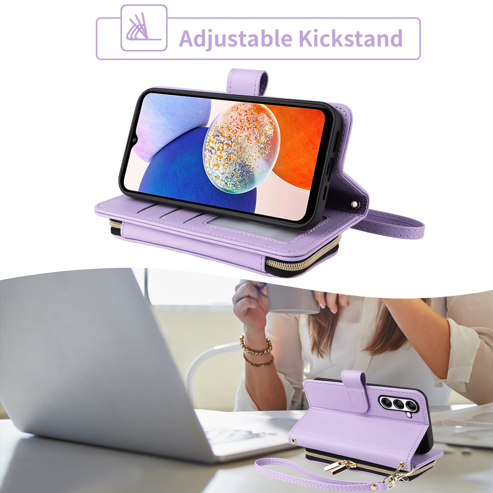 Furiet Argyle Wallet Case for Samsung Galaxy A16 5G/4G with Wrist Strap Shoulder Strap, 9+ Card Slots Zipper Purse Luxury PU Leather Stand Checkered Cell Phone Cover for A 16 Women Girls Purple