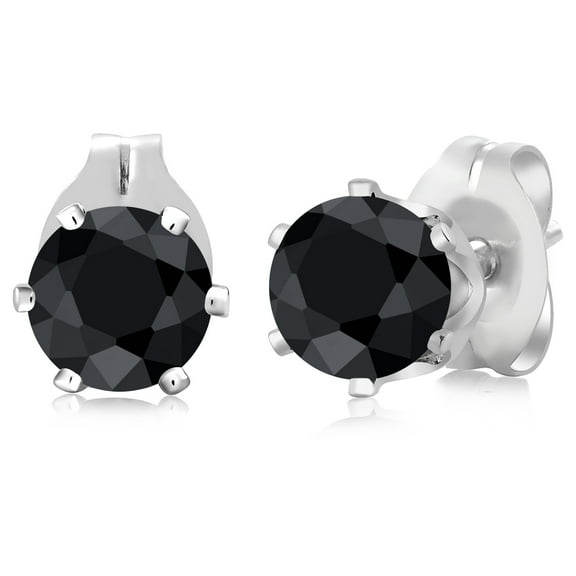 Gem Stone King 1.38 Ct Round 5mm Black Sapphire Brass Silver Plated Brass Stud Earrings for Women Men