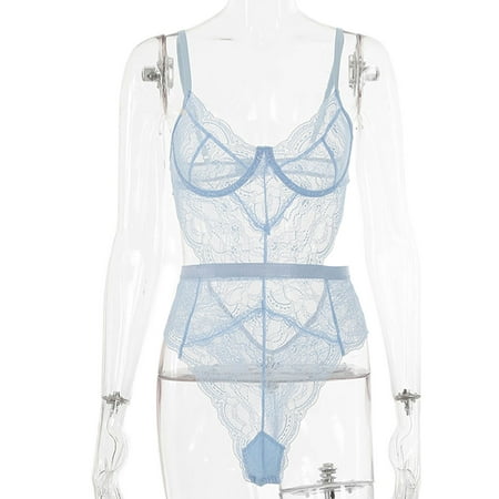 

Glonme Ladies Sleepwear Lace Bodysuit Deep V Mini Lingerie See Through Women Sexy Crotchless Backless Floral Light Blue S