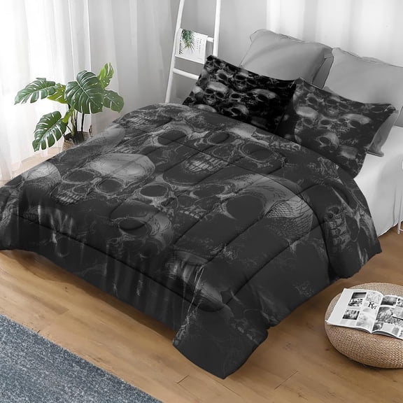 Comforter Set Queen Size, Skull Skeleton Soft 3 Pcs Bedding for Kids and Adults, Spooky Horror Gothic Comforter Set with 2 Pillowcases, for Bedroom Bed Decor