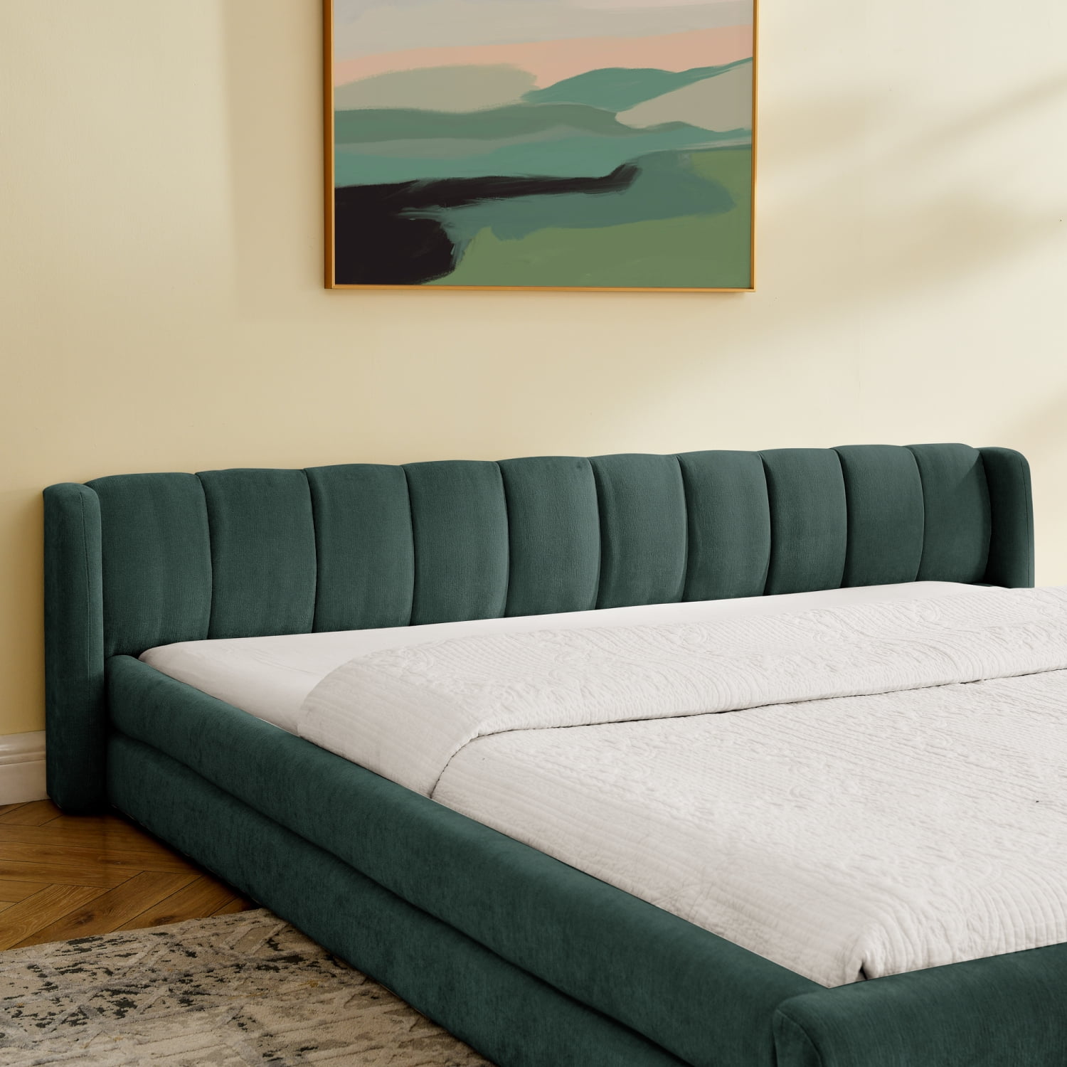Lisonu King Size Grounded Bed Frame, Modern Upholstered Low Profile Platform, Soft Chenille Fabric with Padded Headboard, Blue & Green Finish