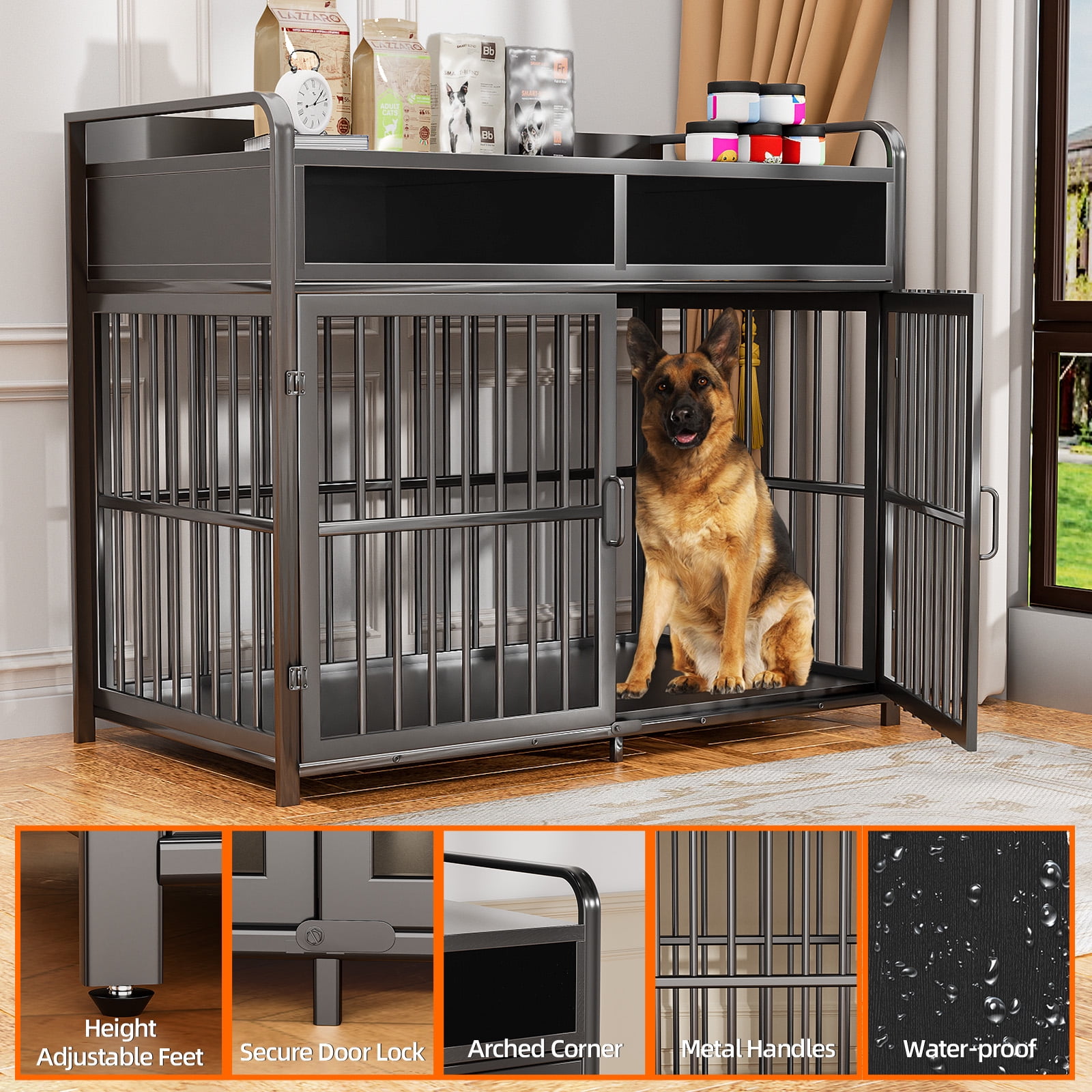 ModFurne Large Dog Crate Furniture with Drawers Storage, Puppy Dog Kennel Indoor with Double Doors, Black