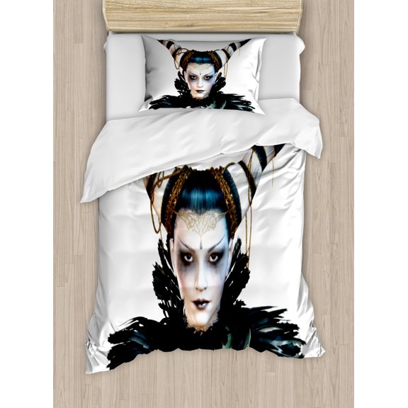 Fantasy Duvet Cover Set Twin Size, Portrait of a Gothic Lady with a Carnival Costume Black Lipstick and Hair Horns, Decorative 2 Piece Bedding Set with 1 Pillow Sham, White Black, by Ambesonne