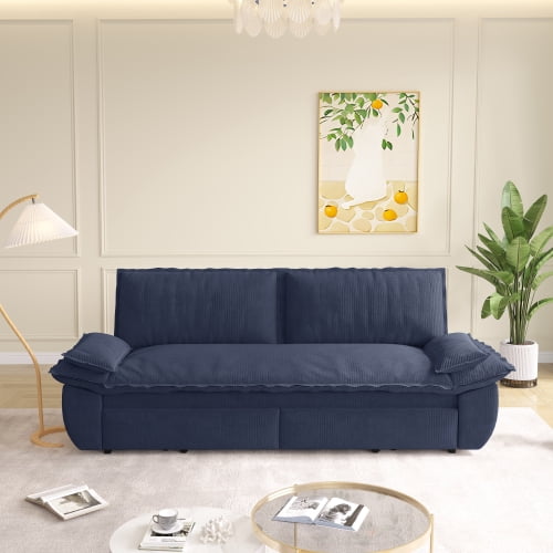 73.2" Queen Pull Out Sofa Bed, 3-in-1 Convertible Sleeper Sofa, Multi-Functional Corduroy Loveseat Couch with Pull-Out Bed, Blue