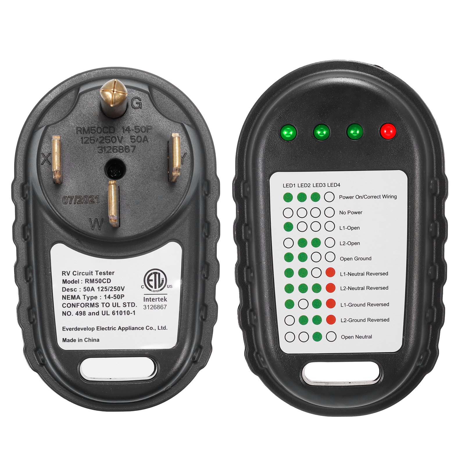 RV Power Tester 50A 125V/250V 4Pin RV Circuit Analyzer with LED Light