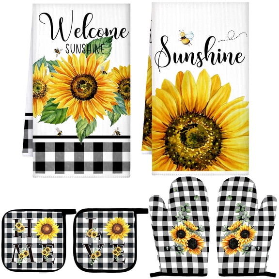 6 Pcs Kitchen Decor Pot Holders Oven Mitts 2 Dish Towels 2 Farmhouse Cooking Mittens Oven Glove 2 Potholder for Baking Cooking Grilling Supply Accessories(Yellow,Sunflower)