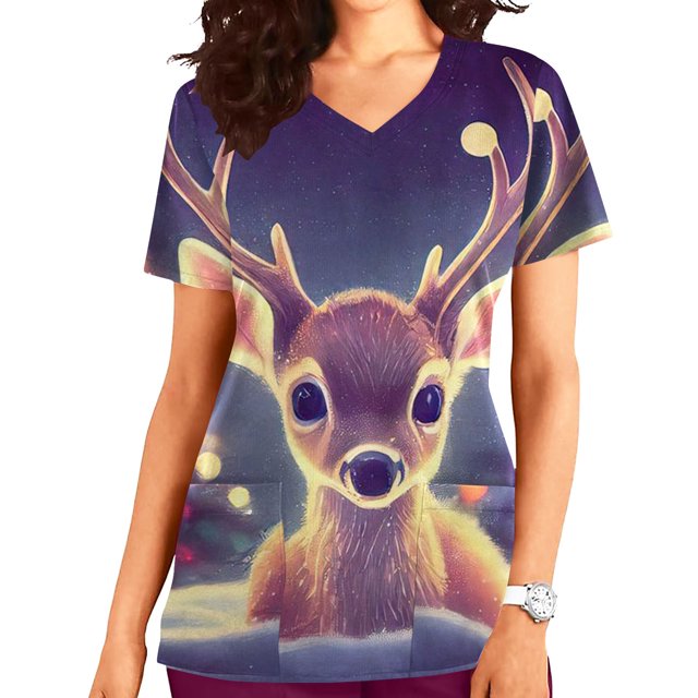 LSLJS Blouse à Manches Courtes Col en V pour Femmes Imprimé de Pâques avec Poches, Noël Scrub Tops