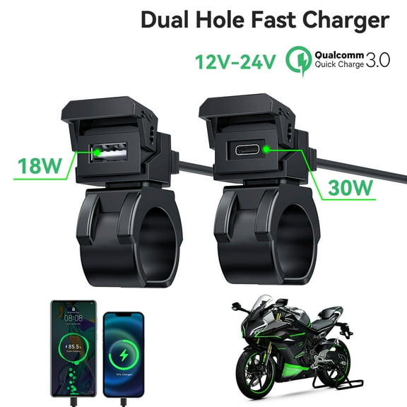 2-in-1 Motorcycle Phone Charger, 30W Dual USB Type C PD & 3.0 USB, Waterproof Power Adapter, Motorcycle Handlebar Accessories Charger, for cell phones, tablets, GPS