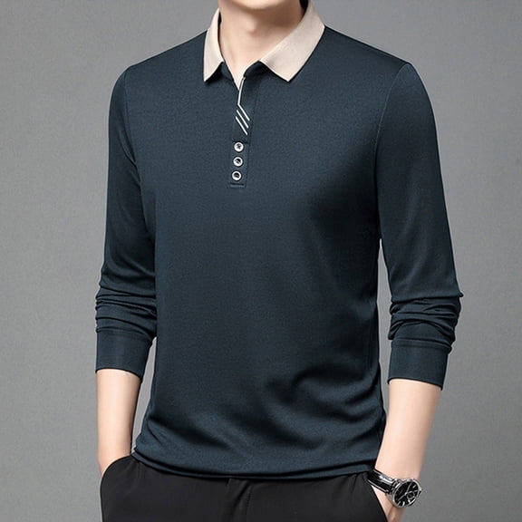 Mens Polo Shirt Long Sleeve Button Up Basic Summer Outfits Navy Athletic Polo Shirts for Men