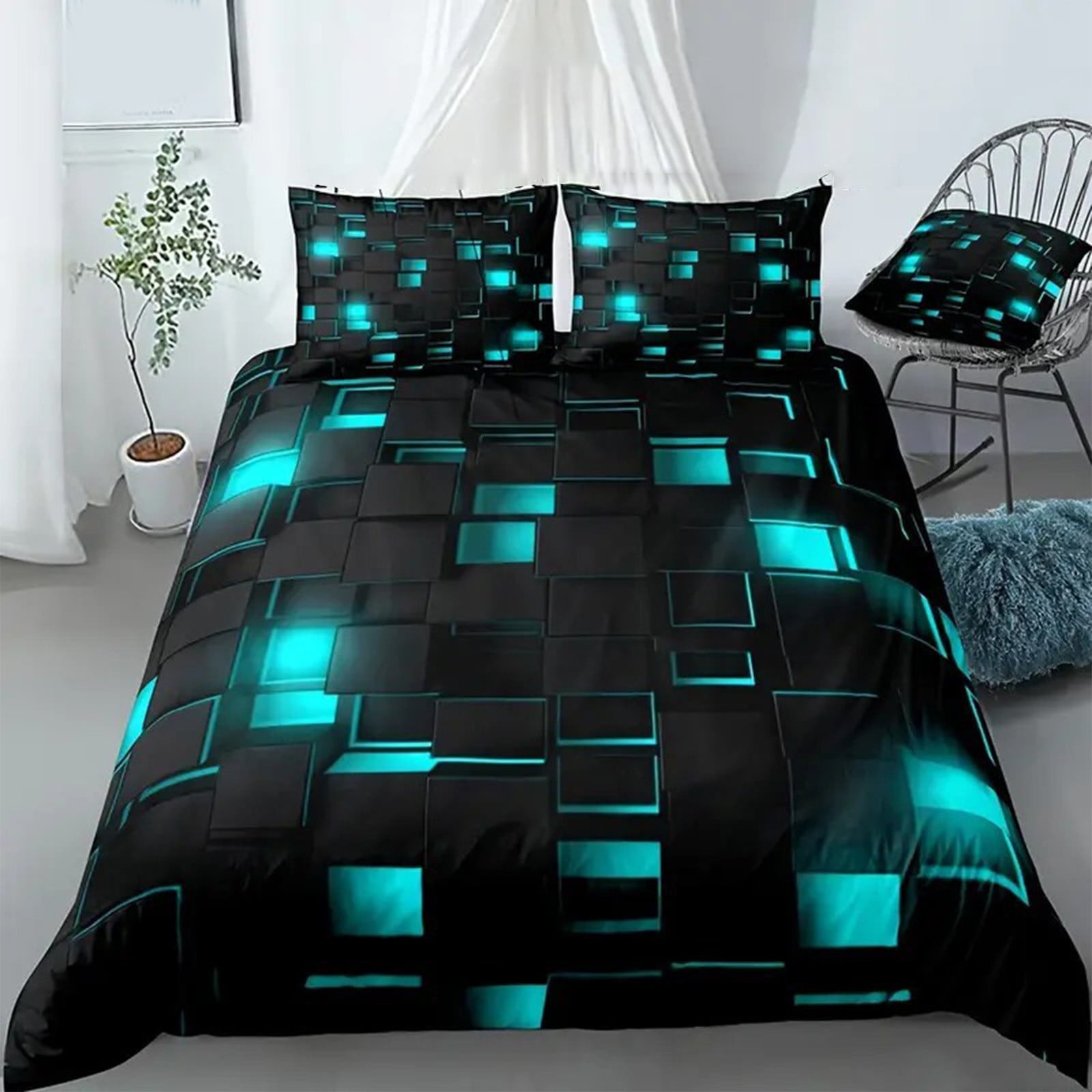 Taotanxi Blue and Black 3-PieceFull Size Light Geometric Comforter Set for Kids Boys Girls Geometry Decor Comforter Modern Style Duvet Set,x1 Quilt Cover, x2 Pillowcases