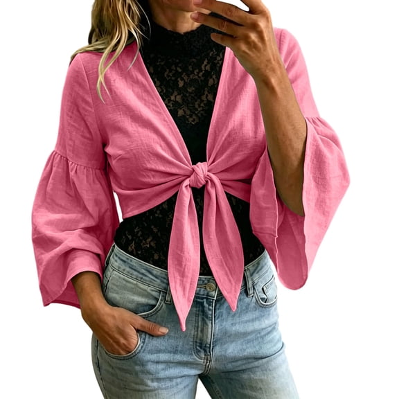 Cmfcve Women's Tie Front Crop Cardigans Long Bell Sleeve Cotton Linen Shrugs Casual Summer Beach Cover Ups