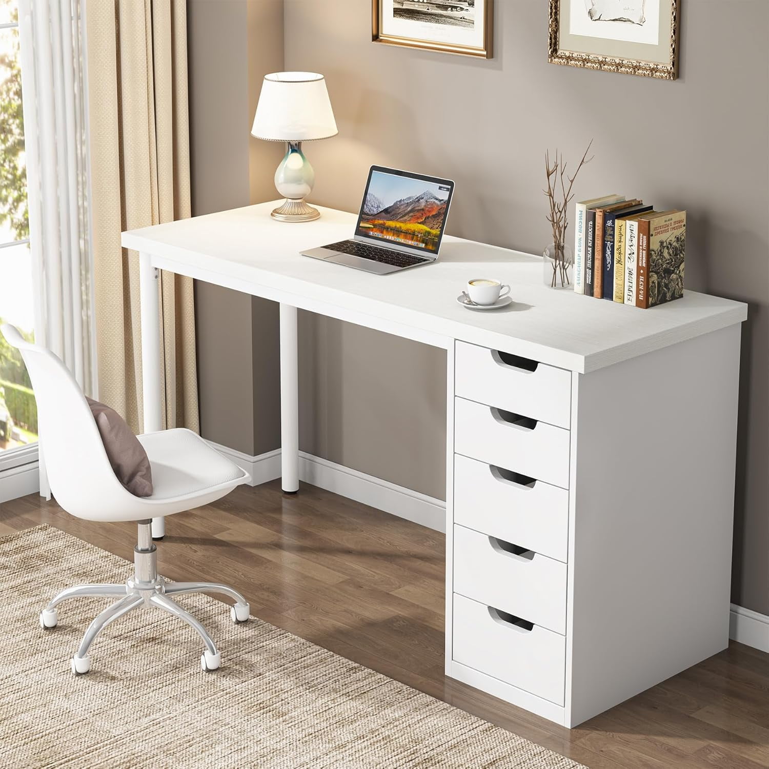 Tribesigns Computer Desk with 5 Drawers, 47 inches Rustic Brown Home Office Desk with Storage