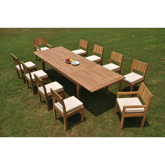 Grade-A Teak Dining Set: 10 Seater 11 Pc: 122" Atnas Double Extension Rectangle Table And 10 Veranda Chairs (2 Arm & 8 Armless Chairs) WholesaleTeak #WMVR18