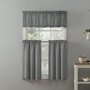 Mainstays 3-Piece Semi Sheer Rod Pocket Kitchen Window Tier Pair and Valance, 2 Café Curtains and 1 Curtain Valance, Gray, 54W x 36L