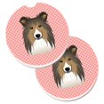 thumbnail image 1 of Checkerboard Pink Sheltie Set of 2 Cup Holder Car Coaster, 1 of 1