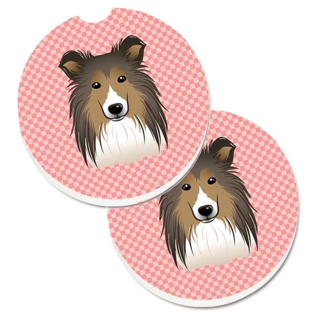 Checkerboard Pink Sheltie Set of 2 Cup Holder Car Coaster