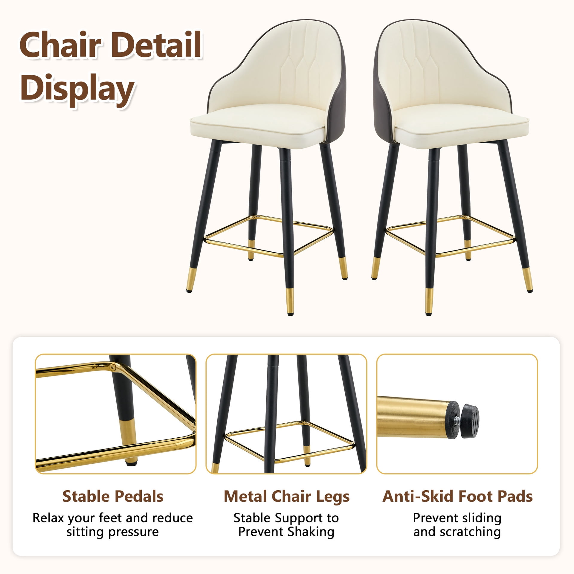 StnTalk Bar Stools Set of 2, White & Dark Gray PU Leather Counter Height Chairs, Modern Splicing Kitchen Stools with Gold Footrest & Metal Legs for Kitchen Island
