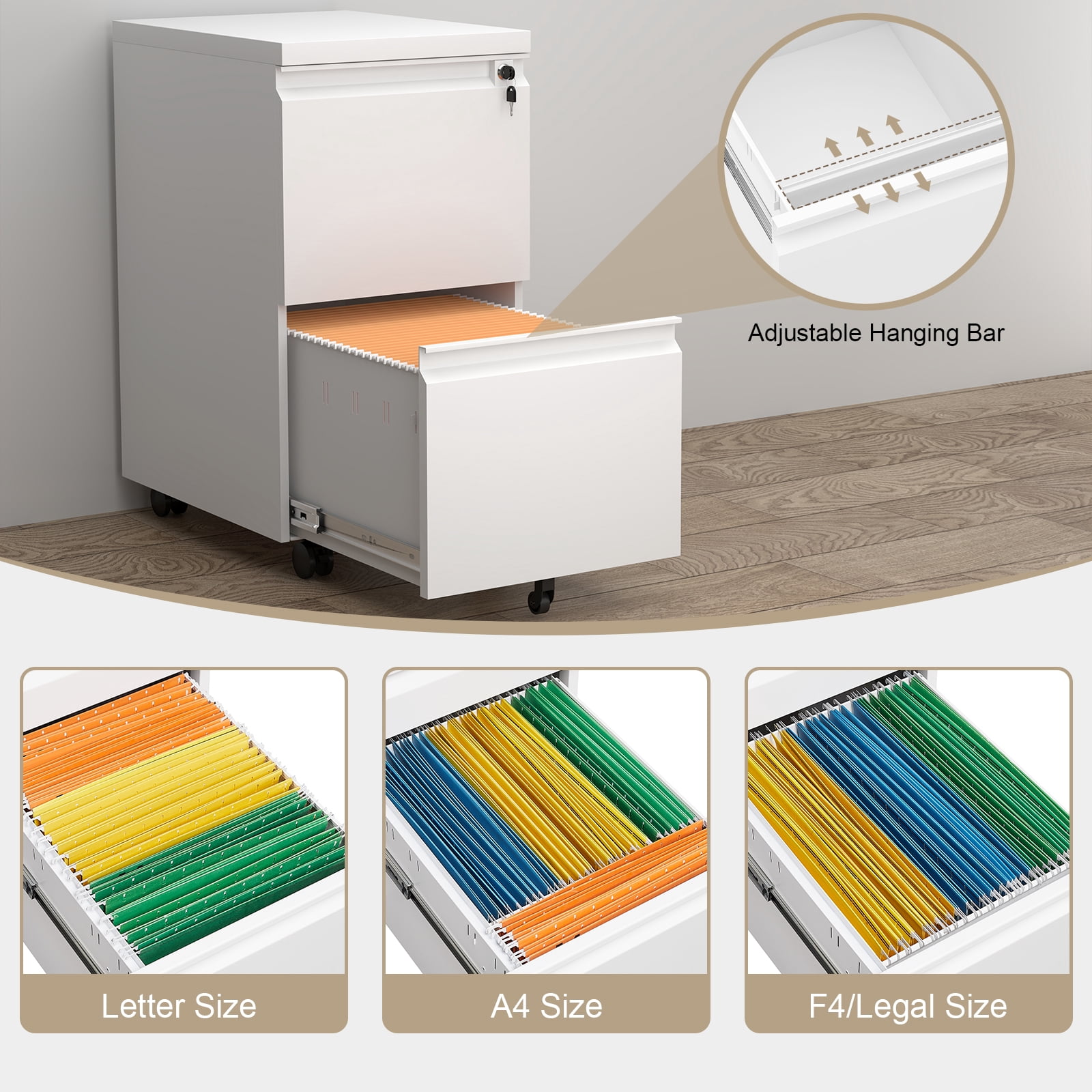 Marcree Filing Cabinet 2 Drawer,Metal Filing Cabinet with Lock,Under Desk Storage Cabinet with Wheels,Rolling File Cabinet for Legal/Letter File,White