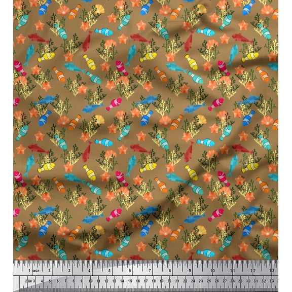 Soimoi Cotton Duck Fabric Coral,Shell & Fish Ocean Printed Fabric 1 Yard 42 Inch Wide