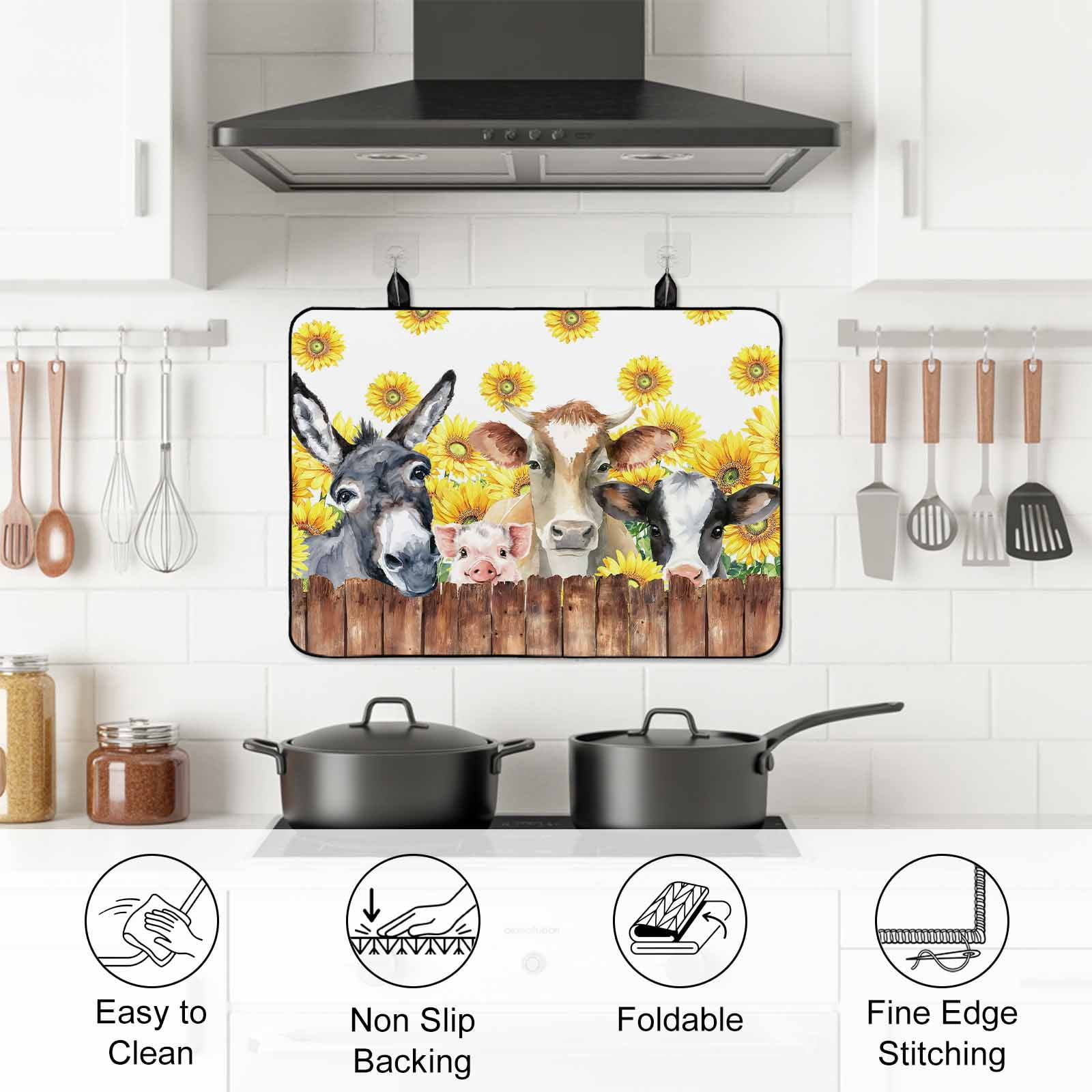 Sunflowers Farm Animals Stove Top Cover for Electric Stove, Heat-proof & Non Slip Glass Top Stove Cover Protector, Vintage Wooden Animals Kitchen Flat Cooktop Rubber Mat 24x21 Inches