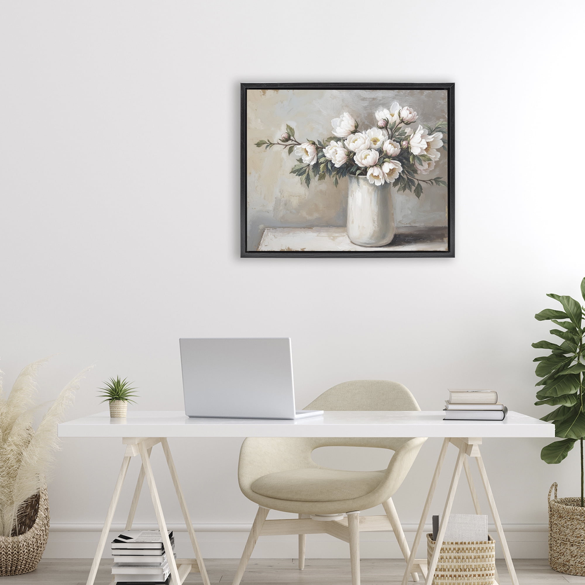 White Flowers in Vase Still Life Black Framed Floater Canvas Wall Art, design by Lettered and Lined