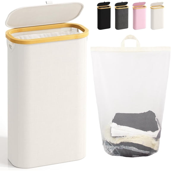 XIMEI 75L Slim Laundry Hamper with Lid, Dirty Clothes Hampers for Laundry, Collapsible Baskets for Small Spaces/Bedroom/Bathroom/Laundry Room, Beige