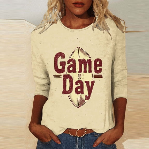 Gamivast Game Day Shirts Women Football Plus Size 3/4 Sleeve Football Graphic Shirt Vintage Soft Crewneck Tunic Top Funny Superbowl Outfits 2026