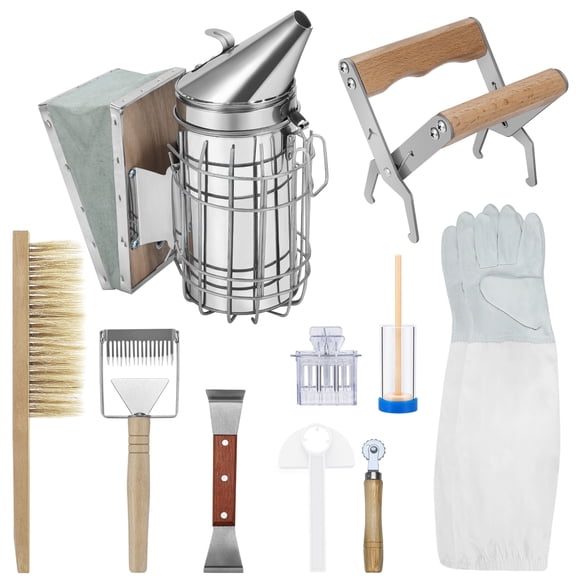 Beekeeping Supplies 10 Pcs Starter Kit Professional Equipment Beekeeper Tool Kit w/ Bee Smoker Queen Bee Marker Tube and Catcher Beehive Box Frame Holder Hooks Uncapping Gloves Feeder Brush