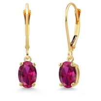 Gem Stone King 14K Yellow Gold Red Created Ruby Leverback Dangle Earrings for Women | 1.70 Cttw | Gemstone July Birthstone | Oval 7X5MM