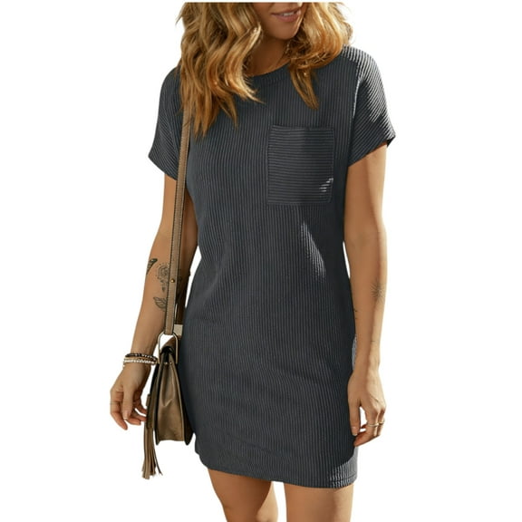 DOKOTOO Casual Dresses for Women Summer Crew Neck Short Sleeve Ribbed Tshirt Dresses Loose Solid Color Straight Mini Dresses with Pocket Gray Size L US12-14