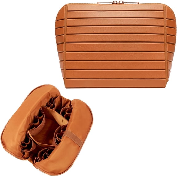 Travel Makeup Organizer Bag with 27 Pockets & Adjustable Dividers, Large Capacity Cosmetic Toiletry Case for Women, Fold-Down Vanity Pouch for Full-Size Bottles and Brushes, 8 x 4.5 x 7 in(Brown)