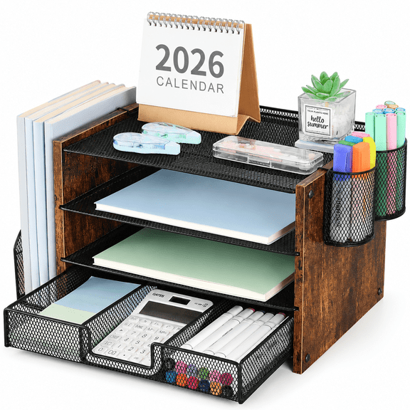 MEHOOM 4-Tier Wooded Desk Organizer Sets, Desktop File Organizer with Drawer and Pencil Holders for Office, Dorm Desktop Setup, Classroom Desk Accessories & Workspace Organizers