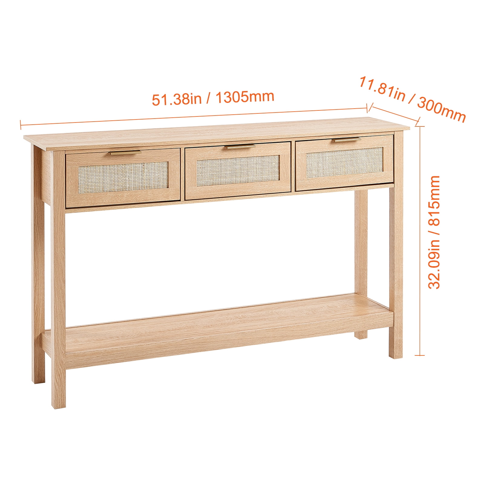 VEVOR Rattan Console Table with 3 Storage Drawers, Rattan Entryway Table with Natural Rattan Sliding Door, Console Sofa Table for Living Room, Study, Entryway Or TV Wall, Natural