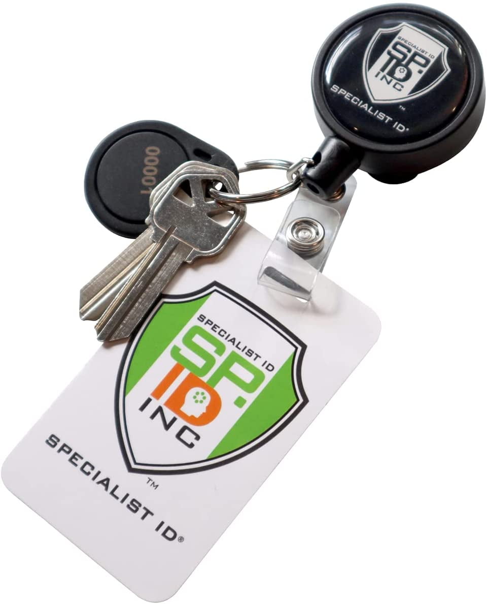 5 Pack - Heavy Duty Retractable I'D Badge Holder Keychain Reel - Strong Polycarbonate Plastic Case w/ Metal Swivel Belt Clip, Key Ring & Vinyl Strap for Multiple Keys & Badges by Specialist ID (Black)