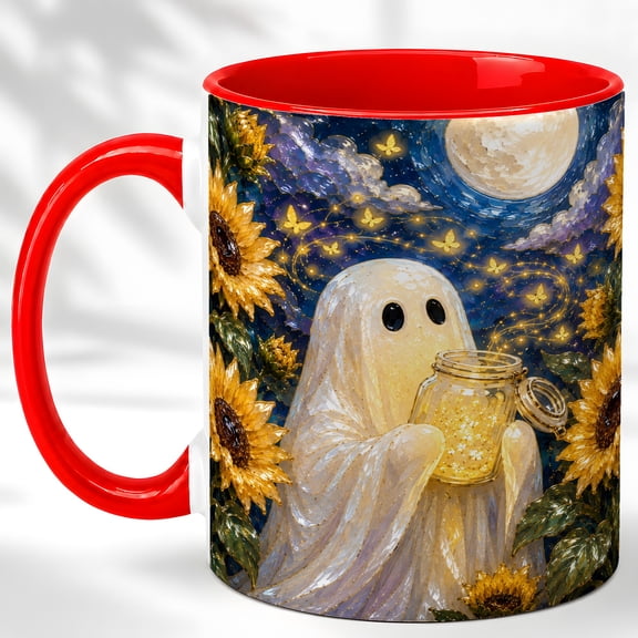 Sunflower Ghost Coffee Mug, Moonlight Mug, Ceramic Cup