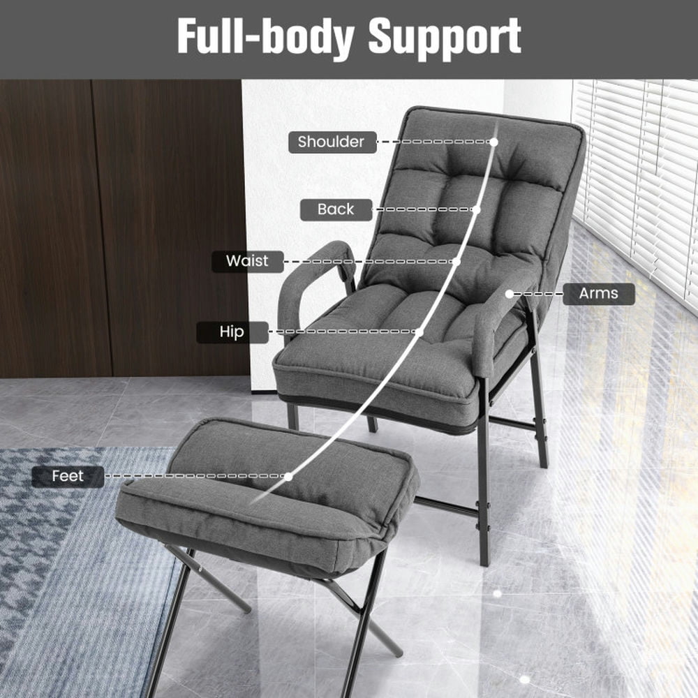 Finihen Sofa Chair, Lounge Armchair Recliner, Linen Fabric Modern Accent Chair with Ottoman and Adjustable Backrest, for Living Room, Bedroom, Dorm, Gray
